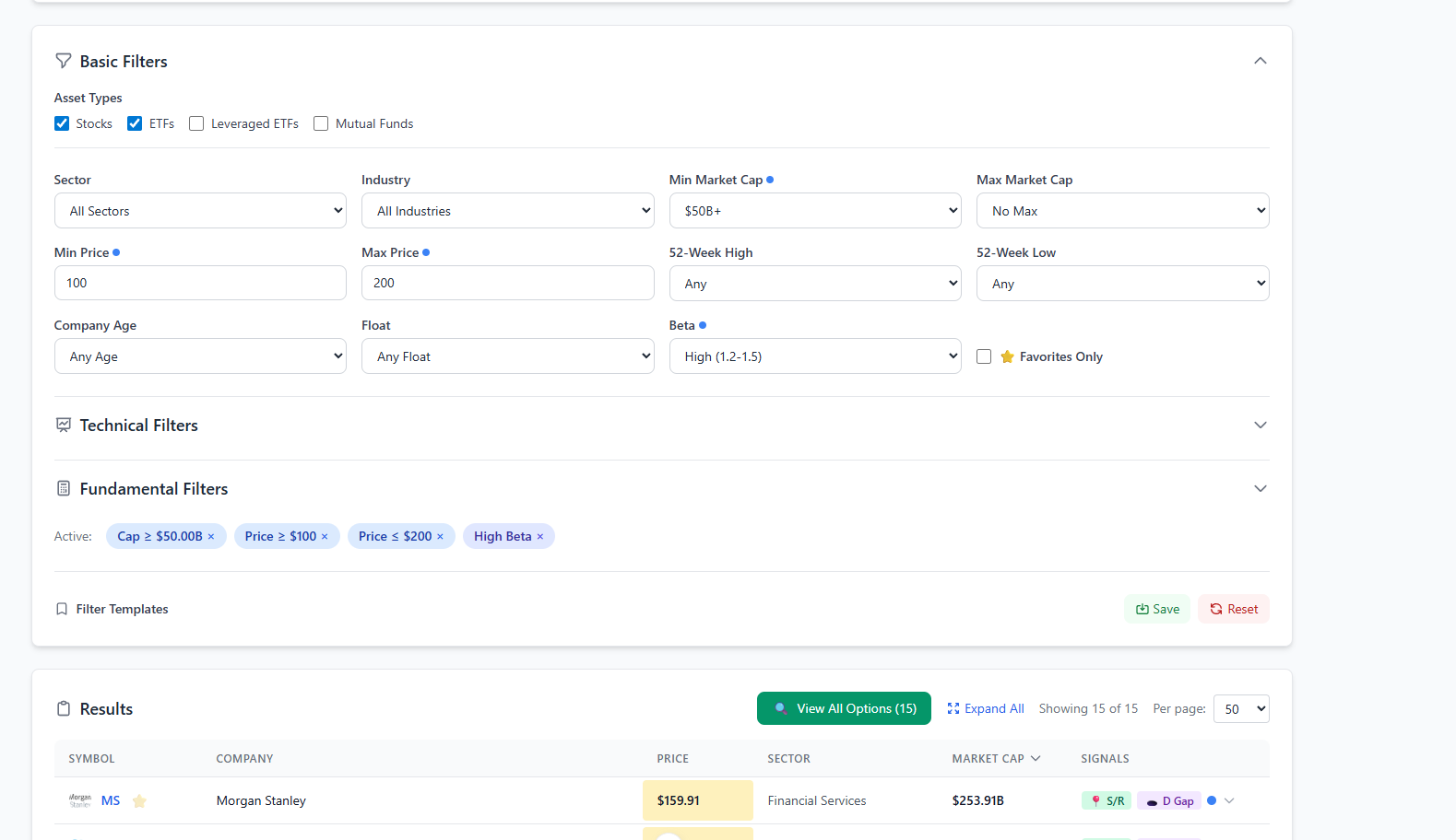 StrikeScan Stock Scanner showing filters for market cap, price range and beta to find CSP candidates